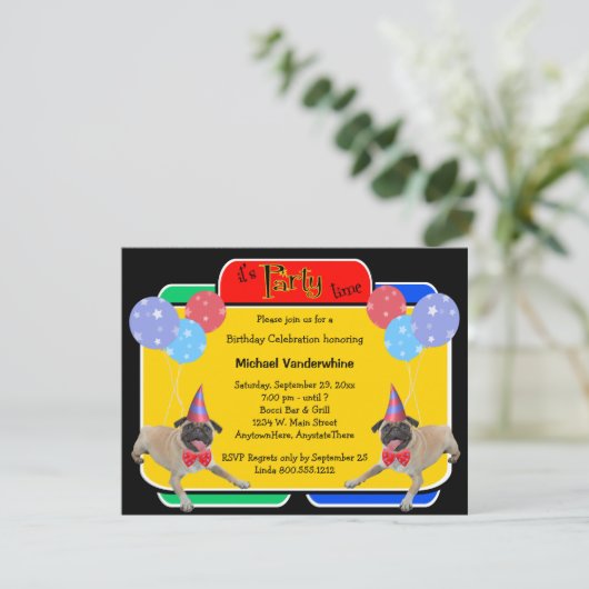 Mops-Geburtstag Barker Einladung (Stehend Vorderseite)