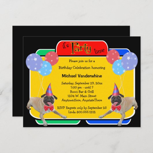 Mops-Geburtstag Barker Einladung (Vorne/Hinten)