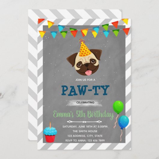 Mops Geburtstagsfeier Einladung (Vorne/Hinten)