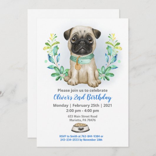 Mops Geburtstagsparty Einladung (Vorne/Hinten)