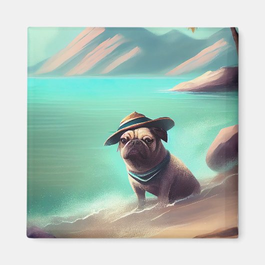 Mops genießt es, am Strand Kunst zu malen Magnet (Vorne)