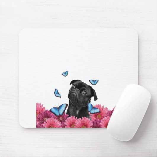 Mops Gerbera Butterflies | Niedlicher Schwarzhund Mousepad (Mit Mouse)