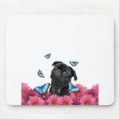 Mops Gerbera Butterflies | Niedlicher Schwarzhund Mousepad (Vorne)