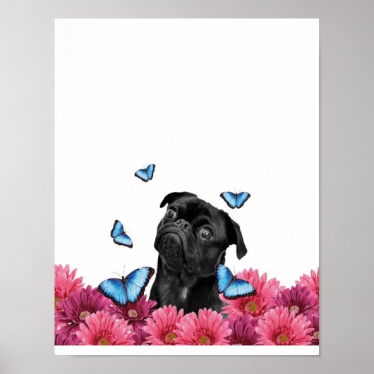 Mops Gerbera Butterflies | Niedlicher Schwarzhund Poster (Vorne)