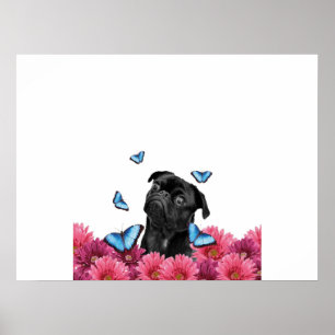 Mops Gerbera Butterflies   Niedlicher Schwarzhund Poster