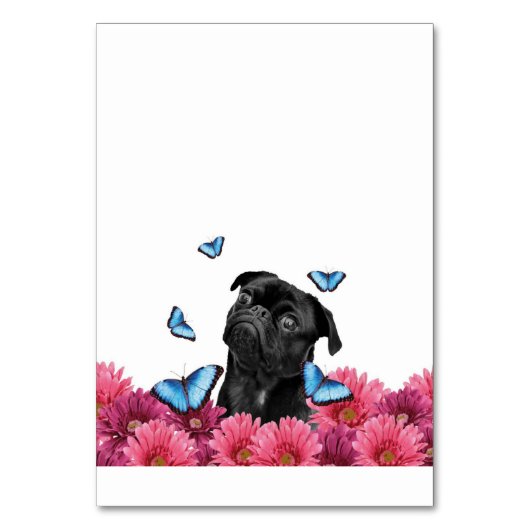 Mops Gerbera Butterflies | Niedlicher Schwarzhund Tischnummer (Vorderseite)
