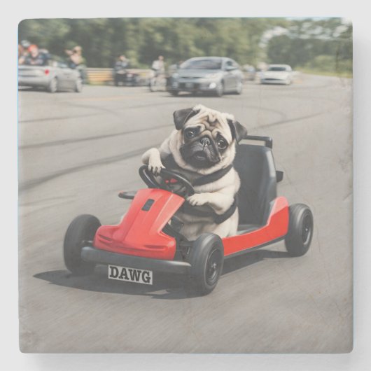 Mops-Go-Kart-Rennen Steinuntersetzer (Vorderseite)