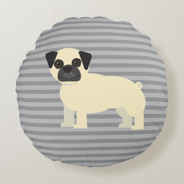 Mops Grau Gestreift Rundes Kissen (Vorderseite)