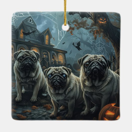 Mops Halloween Night Doggy Delight Keramikornament (Rückseite)