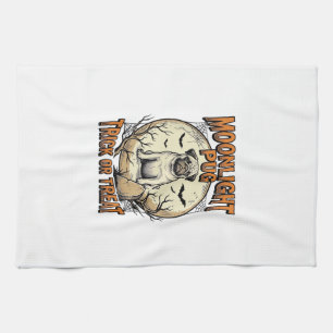 Mops-Halloween-Shirt mit Vintage-Gravur Mond_1 Geschirrtuch