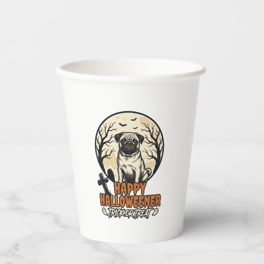 Mops Halloween-Süßigkeiten oder Saures Vintage-Sti Pappbecher (Vorderseite)