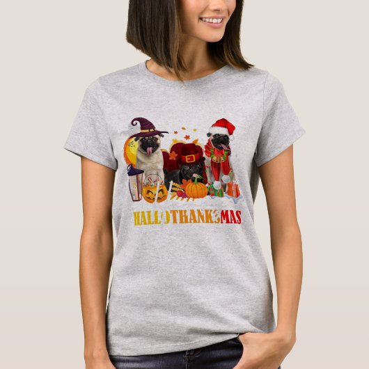 Mops Happy Hallothanksmas Halloween Erntedank T-Shirt (Vorderseite)
