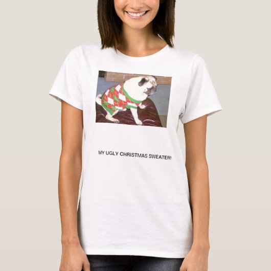 Mops-hässliche Weihnachtsstrickjacke T-Shirt (Vorderseite)