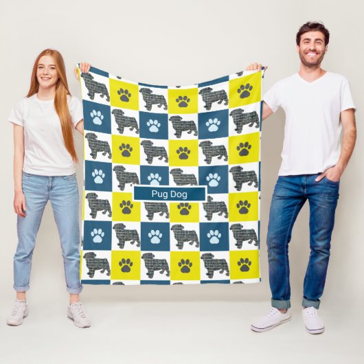 Mops Haustier Hund & Paw Print Yellow Grid Silhoue Fleecedecke (Beispiel)