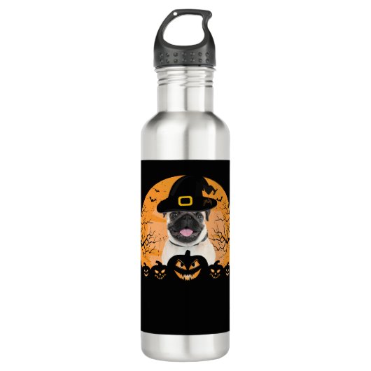 Mops Hexenhut Jack-o-Lantern Hunde Halloween T-Shi Edelstahlflasche (Vorderseite)