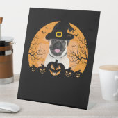 Mops Hexenhut Jack-o-Lantern Hunde Halloween T-Shi Sockelschild (In Situ)