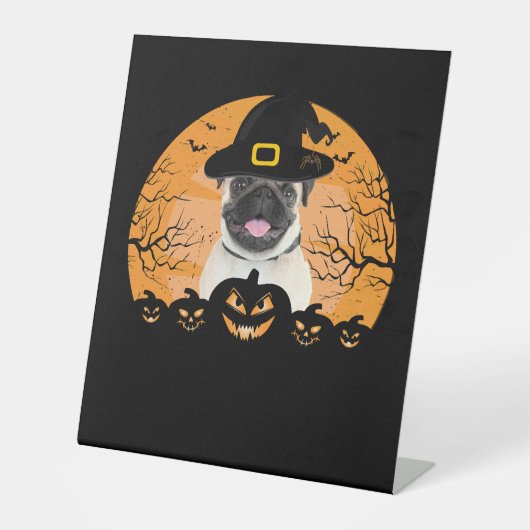 Mops Hexenhut Jack-o-Lantern Hunde Halloween T-Shi Sockelschild (Vorderseite)