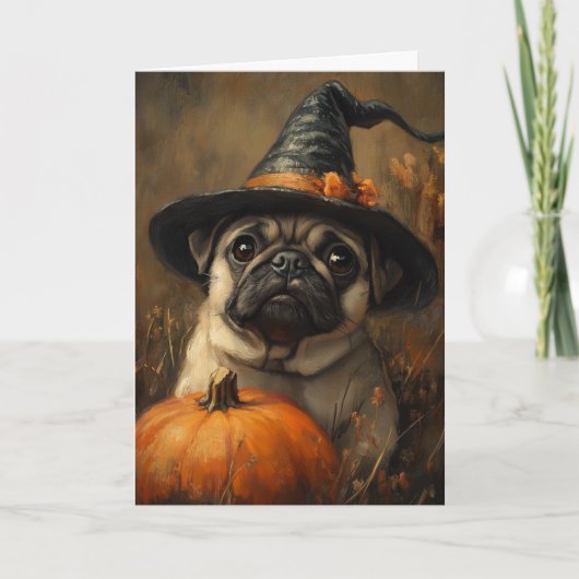 Mops Hexenmeister Halloween Feiertagskarte (Vorderseite)