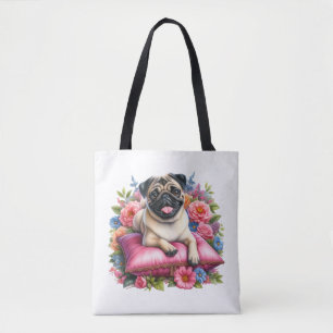 Mops Hund auf einem Kissen mit Blume in Wasserfarb Tasche