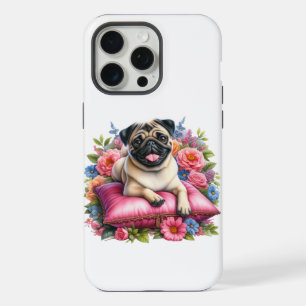Mops-Hund auf einem Kissen mit Blumen in Wasserfar iPhone 15 Pro Max Hülle