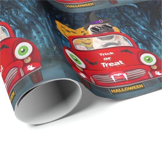 Mops Hund Autofahren Auto Beängstigend Halloween Geschenkpapier (Rolleneckpunkt)