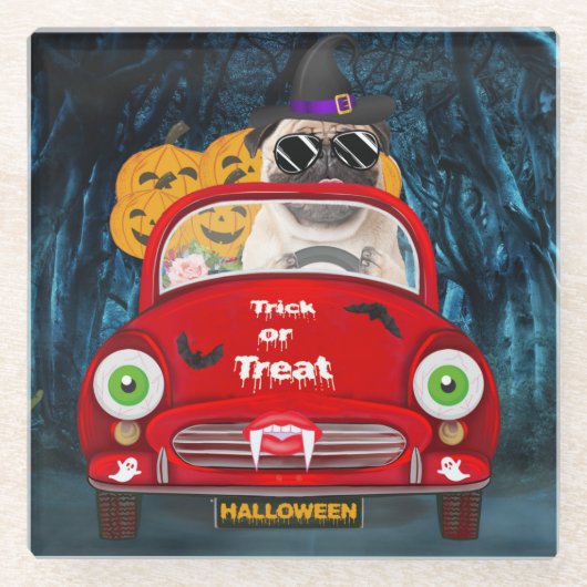 Mops Hund Autofahren Auto Beängstigend Halloween Glasuntersetzer (Vorderseite)