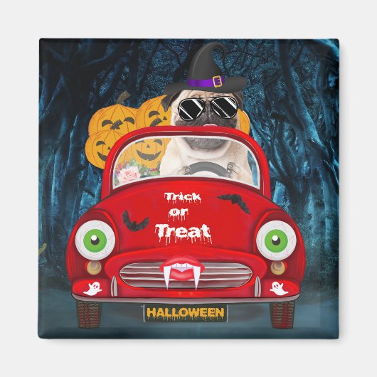 Mops Hund Autofahren Auto Beängstigend Halloween Magnet (Vorne)