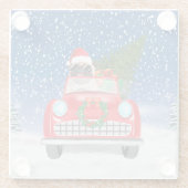 Mops Hund Autofahren im Schnee Weihnachten Glasuntersetzer (Rückseite)