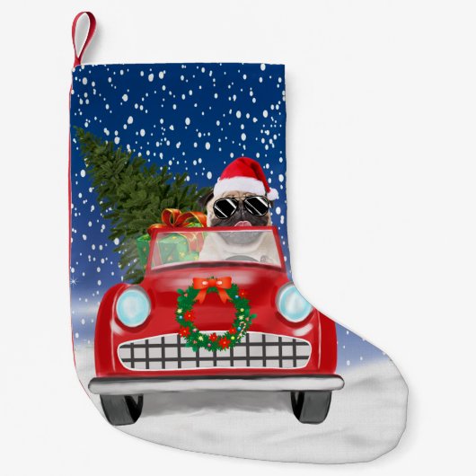 Mops Hund Autofahren im Schnee Weihnachten Kleiner Weihnachtsstrumpf (Vorderseite)
