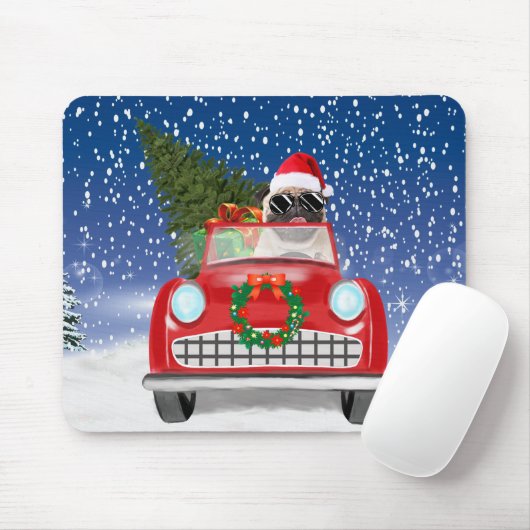 Mops Hund Autofahren im Schnee Weihnachten Mousepad (Mit Mouse)