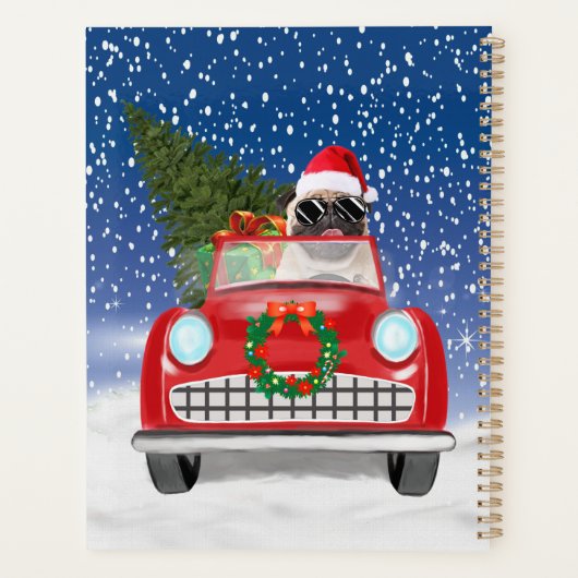Mops Hund Autofahren im Schnee Weihnachten Planer (Rückseite)