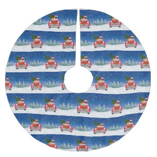 Mops Hund Autofahren im Schnee Weihnachten Polyester Weihnachtsbaumdecke