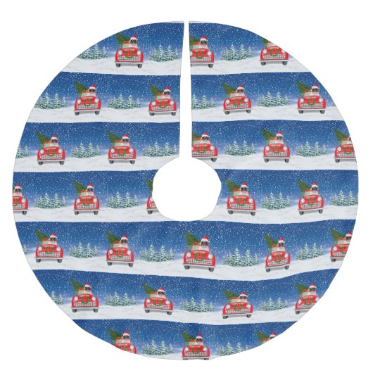 Mops Hund Autofahren im Schnee Weihnachten Polyester Weihnachtsbaumdecke (Vorderseite)