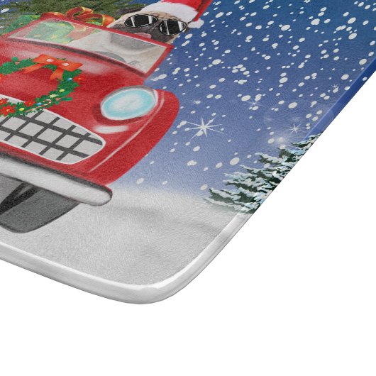 Mops Hund Autofahren im Schnee Weihnachten Schneidebrett (Ecke)
