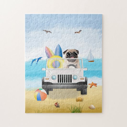 Mops Hund fahren am Strand Puzzle (Vertikal)