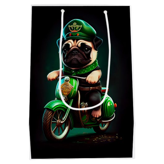 Mops Hund Fahrrad St. Patrick's Day Mittlere Geschenktüte (Rückseite)