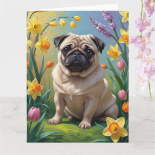 Mops-Hund-Frühlingsblumen-Gemälde Karte