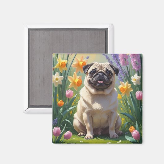 Mops-Hund-Frühlingsblumen-Malerei Magnet (Vorderseite/Rückseite)