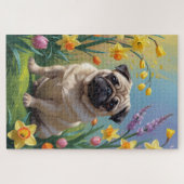 Mops-Hund Frühlingsblumen Malerei Puzzle (Horizontal)