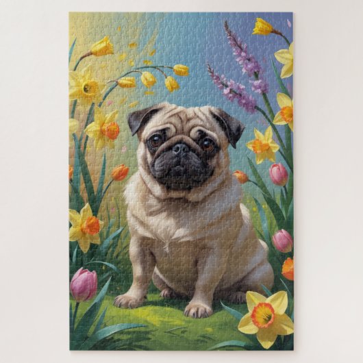 Mops-Hund Frühlingsblumen Malerei Puzzle (Vertikal)