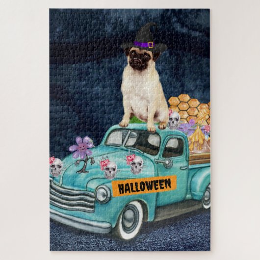 Mops Hund Halloween LKW Beängstigende Nacht Puzzle (Vertikal)