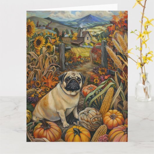 Mops Hund Herbst Ernte Erntedank Karte (Gelbe Blume)