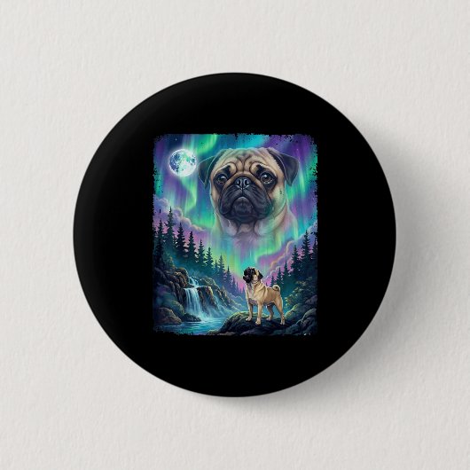 Mops-Hund heult Nordlichter Aurora Mond Wald Button (Vorderseite)