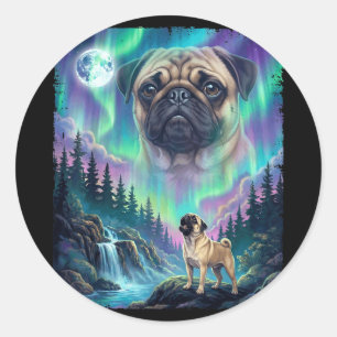 Mops-Hund heult Nordlichter Aurora Mond Wald Runder Aufkleber