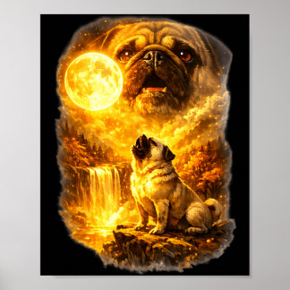 Mops-Hund heult zum Mond epischer Wald Fantasy  Poster
