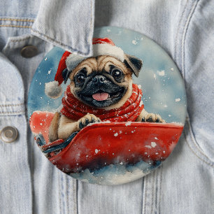 Mops-Hund im Schlitten Lass es schneien Weihnachte Button