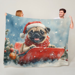 Mops-Hund im Schlitten Lass es schneien Weihnachte Fleecedecke