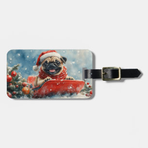 Mops-Hund im Schlitten Lass es schneien Weihnachte Gepäckanhänger