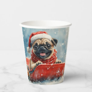 Mops-Hund im Schlitten Lass es schneien Weihnachte Pappbecher