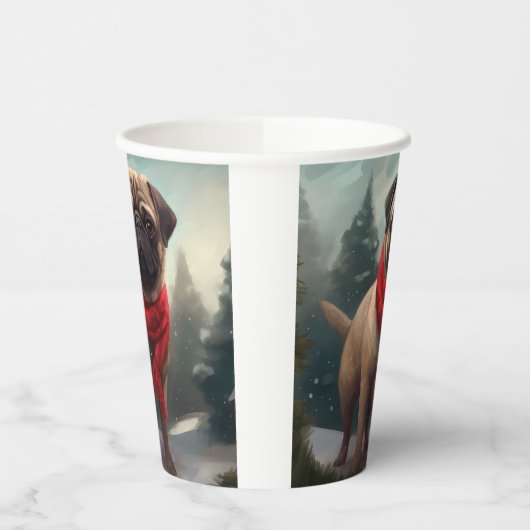 Mops Hund im Schnee Weihnachten Pappbecher (Links)